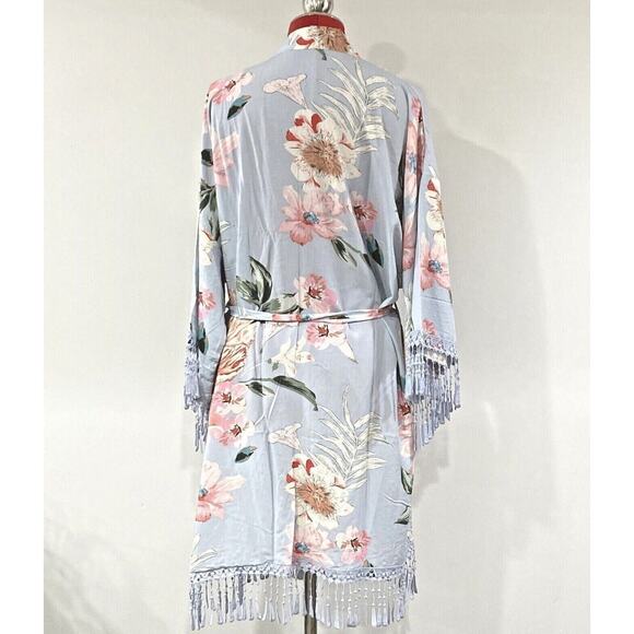 Romantic kimono wrap robe Boho blue pink floral soft cotton lace tassel trim OS - Picture 7 of 11